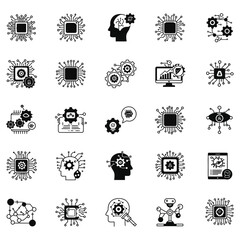 Collection of black and white icons representing artificial intelligence and technology concepts
