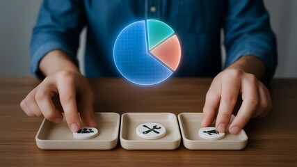 Finance budget forecast 2026 concept with pie chart hologram organizing business strategy icons for team tools marketing and strategic planning