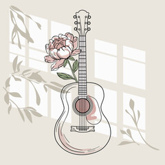Minimalist One Line Guitar and Rose. Boho Pastel Wall Art