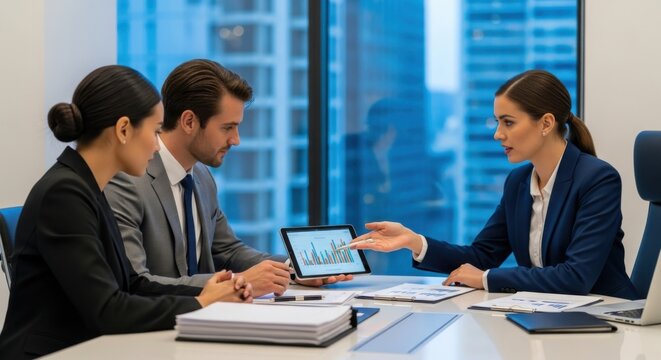 Business team meeting. Colleagues analyzing financial sales data on a tablet. Businesswoman presenting corporate strategy and charts. Teamwork and collaboration in a modern office.