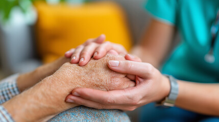 Healthcare worker talking to an elderly patient and comforting her on sofa, gentle hand touch, warm tones, healthcare, elderly care, empathy, support, counseling, home visit, compa