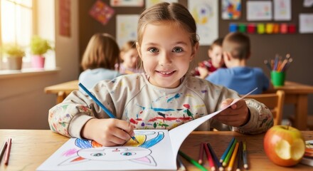 Fototapeta premium Portrait of a happy little girl in art class. Cute child drawing with colored pencils at her desk in elementary school or kindergarten. Creative kid enjoying education and learning.