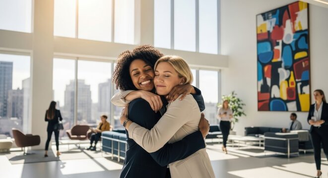 Two happy diverse businesswomen hugging in a modern office. Concept of teamwork, success, support, partnership, friendship, and a positive corporate workplace environment.