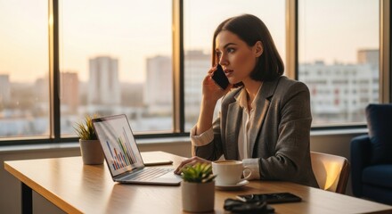 Focused businesswoman talking on phone in modern office at sunset. Financial analyst working on laptop with charts, graphs. Corporate manager communication concept. Success.