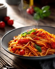 Delicious spaghetti with fresh tomato sauce and basil on rustic wood table showcases authentic Italian cuisine