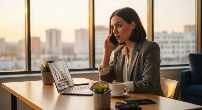 Focused businesswoman talking on phone in modern office at sunset. Financial analyst working on laptop with charts, graphs. Corporate manager communication concept. Success. - Powered by Adobe