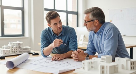 Two male architects in a meeting discussing a housing project. Colleagues collaborating on blueprints and building models. Concept of teamwork, engineering, and real estate development.