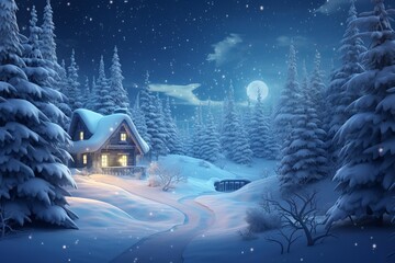 Snow falling on a cozy wooden cabin in a magical winter wonderland at night, illuminated by the moonlight