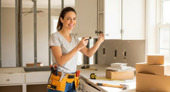 Young smiling woman with a tool belt installing kitchen cabinets. Female carpenter using a screwdriver for home improvement. DIY renovation project. Concept of a skilled homeowner. - Powered by Adobe