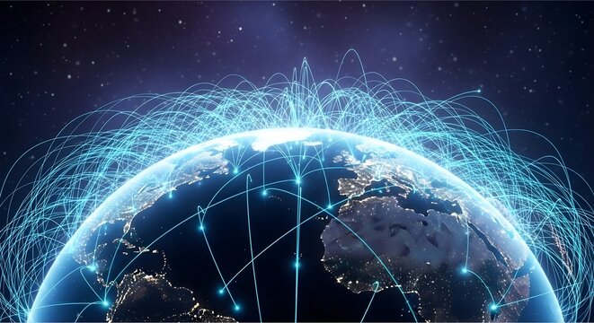 Futuristic Digital Earth Globe Showing Global Data Network and Internet Connectivity Across the Planet with Technology Light Trails