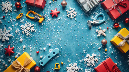 Christmas gifts for handyman and work tools creating a festive border on snowy blue background with copy space, ideal for greeting card or advertising banner