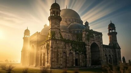 Golden Sunrise Rays Illuminating Ancient Stone Temple Through Morning Mist, Creating a Majestic and Spiritual Atmosphere with Dramatic Sunburst - Powered by Adobe