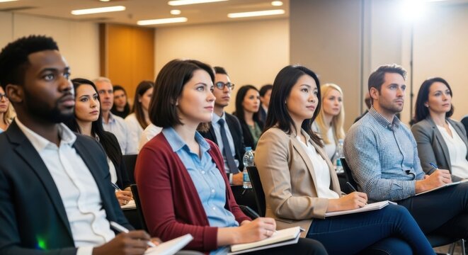 Diverse audience of business professionals at a conference. Multi-ethnic group of people listening to a lecture at a seminar, taking notes. Corporate training and education concept.