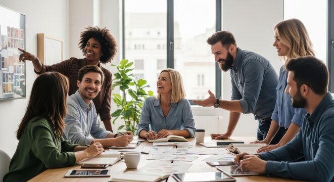 Happy multi-ethnic business team at a meeting. Creative people work together in a modern office. Woman pointing at mood board. Concept for teamwork, brainstorming, startup success.