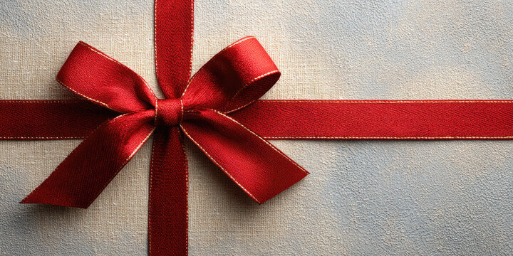 Red ribbon with golden edges forming a bow decorating a christmas gift certificate on a textured light blue background, providing copy space for customization - Powered by Adobe