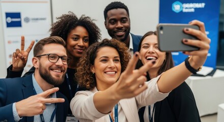 Joyful multiracial business team taking a selfie with a smartphone at a conference. Happy colleagues having fun. Concept of diversity, teamwork, success and networking.