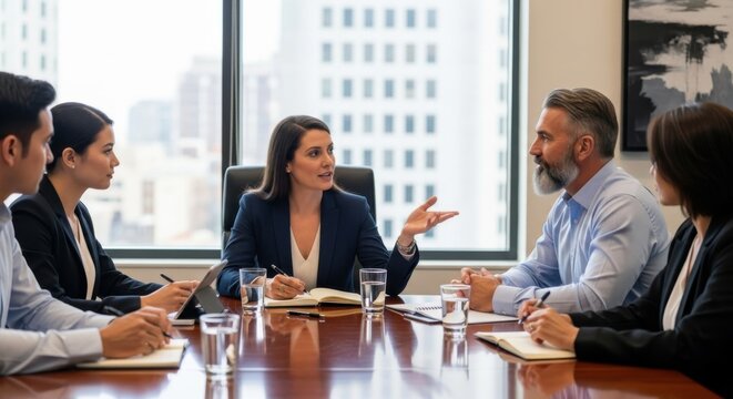 Businesswoman leading a diverse team meeting in a modern office. Professionals discussing corporate strategy. Concept for collaboration, leadership, negotiation, and teamwork. - Powered by Adobe