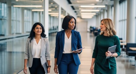 Group of diverse businesswomen walking through a modern office corridor. Multi-ethnic female professionals in discussion. Concept for teamwork, collaboration, and corporate leadership.
