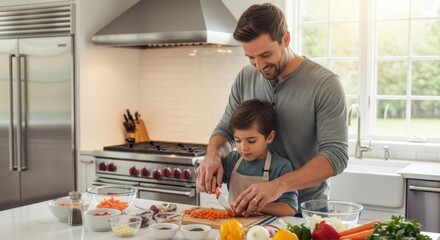 Loving father teaching his cute son how to cook. Happy family in the kitchen preparing a healthy meal together. Dad and boy chopping fresh vegetables. Parenthood and bonding concept.