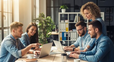 Young creative business team collaborating in a modern office. Professionals working together on laptops, discussing a project. Concept of teamwork, communication, and success.