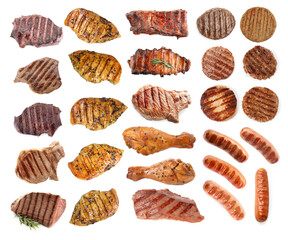 Grilled meat and sausages isolated on white, set