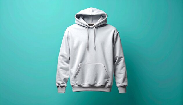 Light gray hoodie floating against solid turquoise background