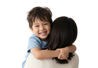 Joyful child hugs mother with beaming smile