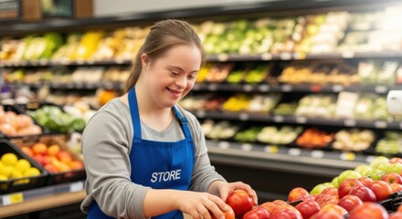 Happy young woman with Down syndrome working in a supermarket. Employee arranging fresh apples in produce aisle. Concept of inclusion, diversity, and employment for people with disabilities.