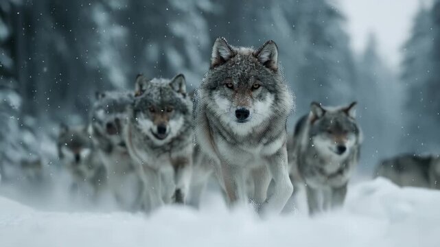 Pack of Wolves Move Through Snowy Forest Landscape in a Powerful and Majestic Display