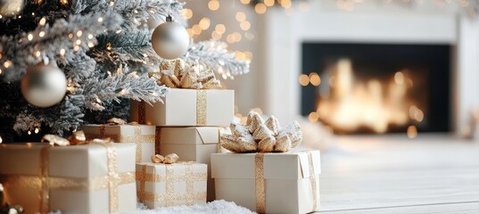 Cozy holiday atmosphere featuring festive presents and a softly blurred fireplace in a warm interior