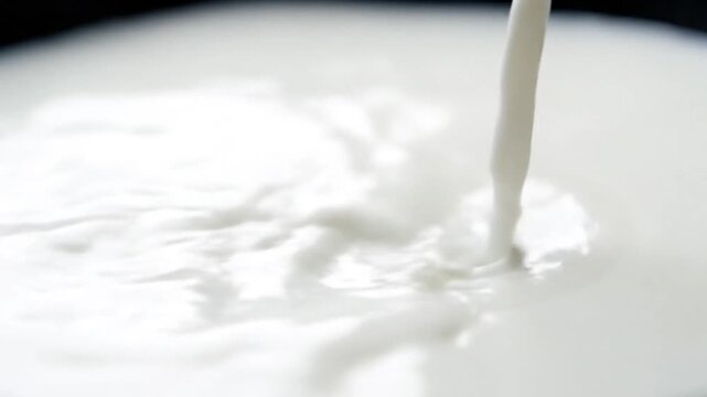 Close up of milk being poured into a bowl creating ripples and splashes.