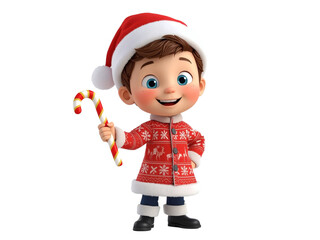Obraz premium Cute 3D Christmas Boy with Candy Cane | Transparent PNG