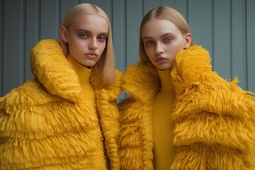 Two fashion models wearing yellow conceptual winter coats are posing together