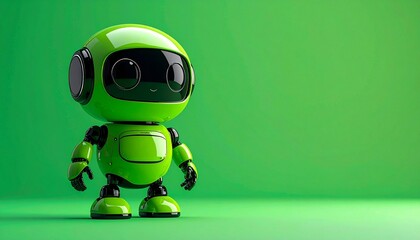 Cute green robot with glossy finish on green background