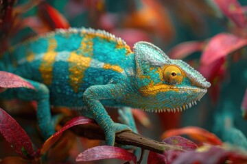Obraz premium Vibrant blue and gold chameleon on a branch with crimson leaves