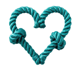 Teal Rope Tied in a Heart Shape with Knots Isolated PNG Cutout Transparent