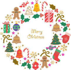 Merry Christmas greeting card, Christmas garland with bells and gold ribbon style. Party invitation.