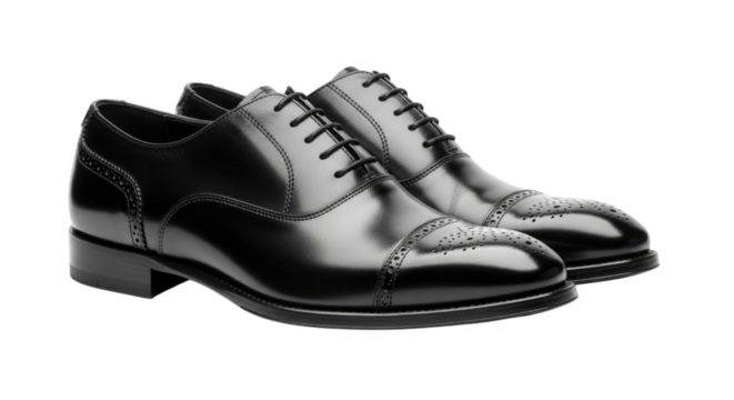 Pair of Black Leather Oxford Brogue Shoes Isolated PNG Cutout Transparent