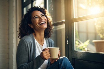 Joyful woman holding a warm mug and laughing while basking in the sunlit glow by a window