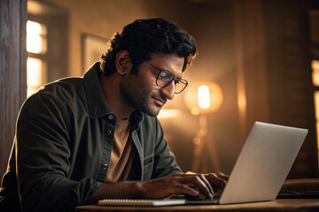 Focused young professional man with glasses diligently working on his laptop in a warm, ambient home office setting