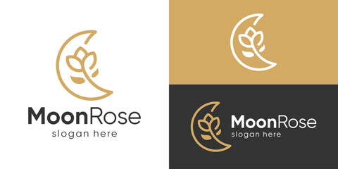 Obraz premium Creative simple moon rose logo template. Crescent with rose flower logo design vector illustration.