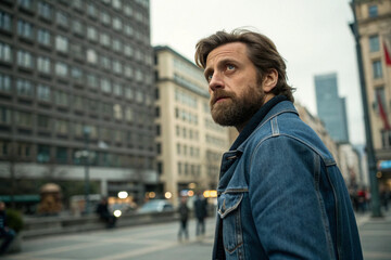 A pensive bearded man in a denim jacket looking up, feeling thoughtful and introspective while standing alone in a modern city street