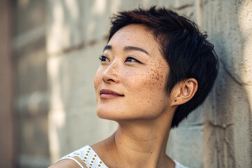 Asian woman with short hair smiling and looking up, enjoying sunlight outdoors on a sunny day