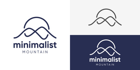 Creative minimalist mountain logo template. Simple mountain hills peak summit with sun for Landscape logo design vector illustration.