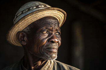 Close-up portrait of an elderly African man wearing a traditional hat, looking thoughtfully into the distance