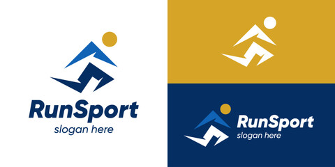 Creative simple run sport logo template. Abstract people run with nature symbol logo design vector illustration.
