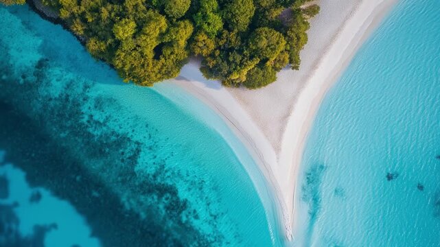 Aerial top down view of tropical island paradise sandbank