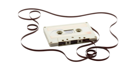 Vintage Audio Cassette Tape with Unspooled Tape Isolated PNG Cutout Transparent