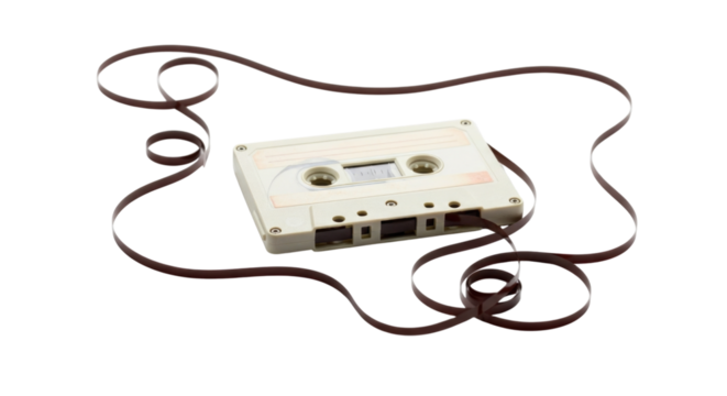 Vintage Audio Cassette Tape with Unspooled Tape Isolated PNG Cutout Transparent