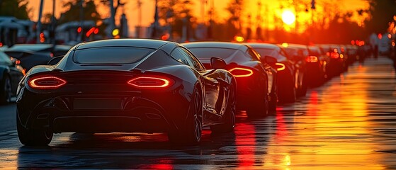 Luxury cars shine under golden evening light.